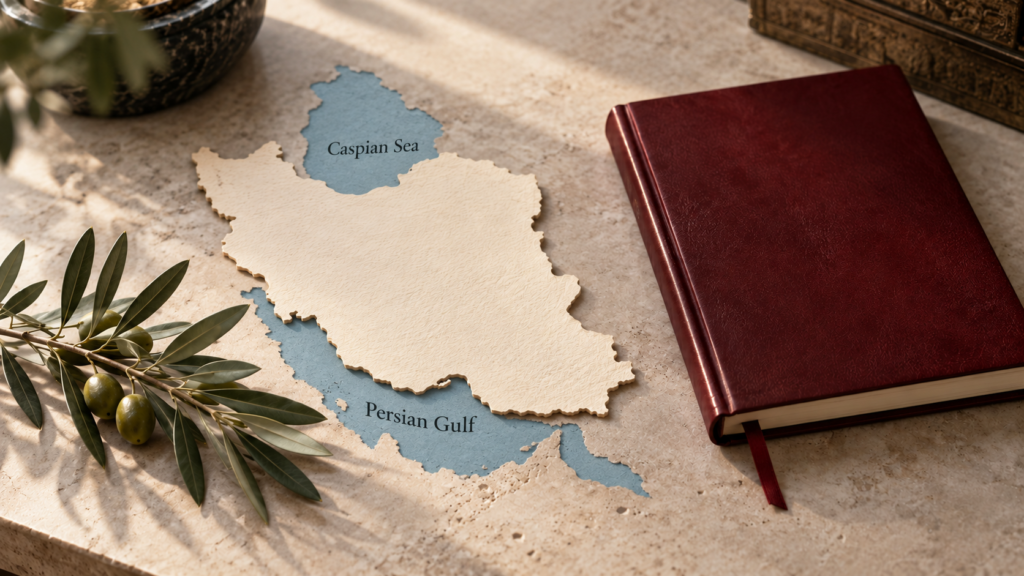 Map of Iran with the Persian Gulf and Caspian Sea labelled